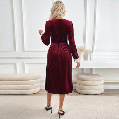Damen Samtkleid Spitzenapplikation Knöpfe Eveloria