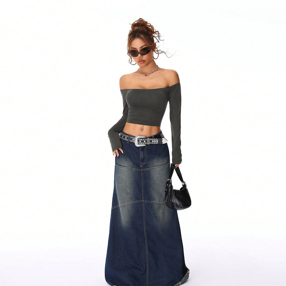 Damen Off-Shoulder Langärmlig Figurbetonter Crop-