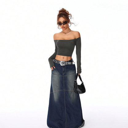 Damen Off-Shoulder Langärmlig Figurbetonter Crop-