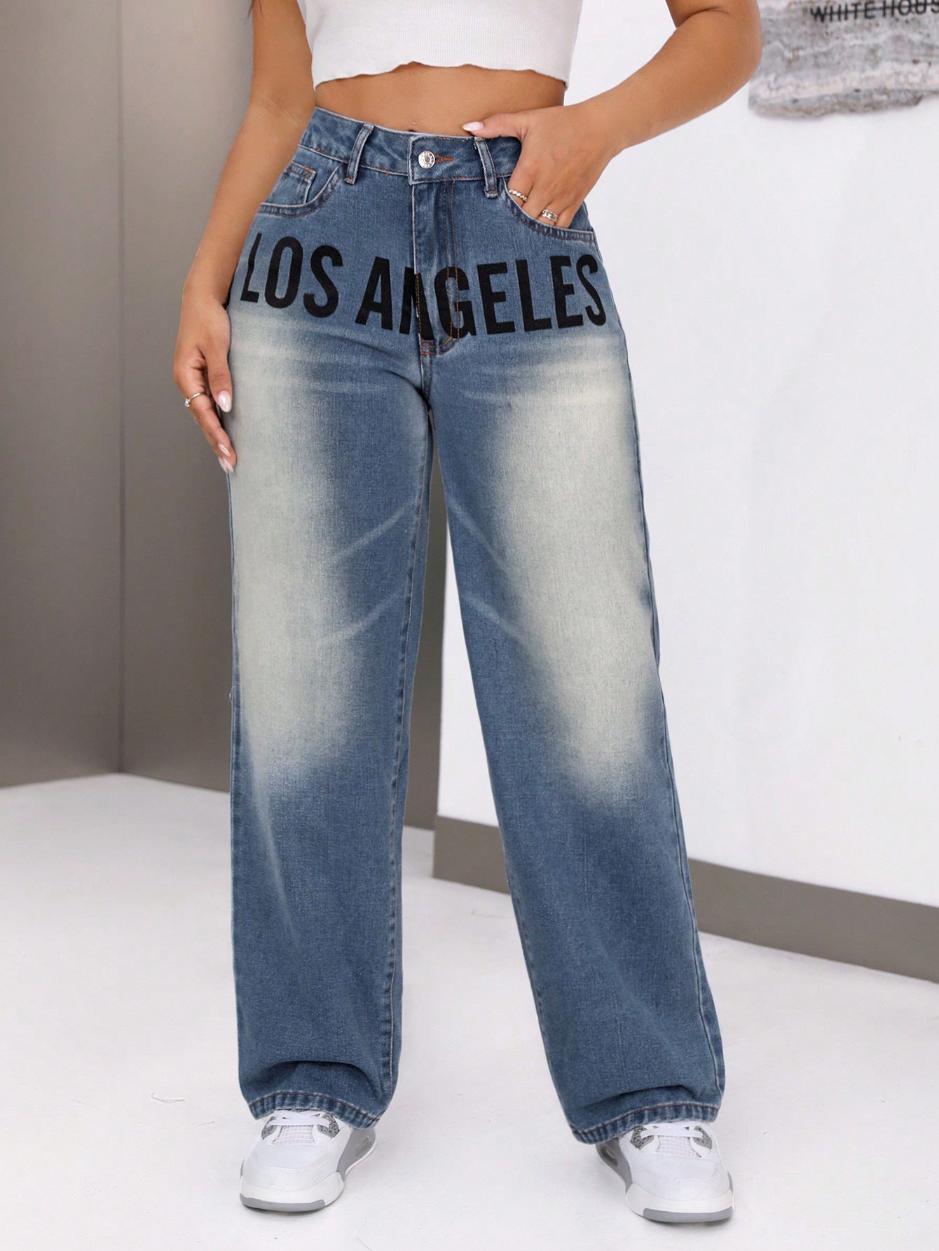 Damen Weite Jeans Mit Schriftzug Eveloria