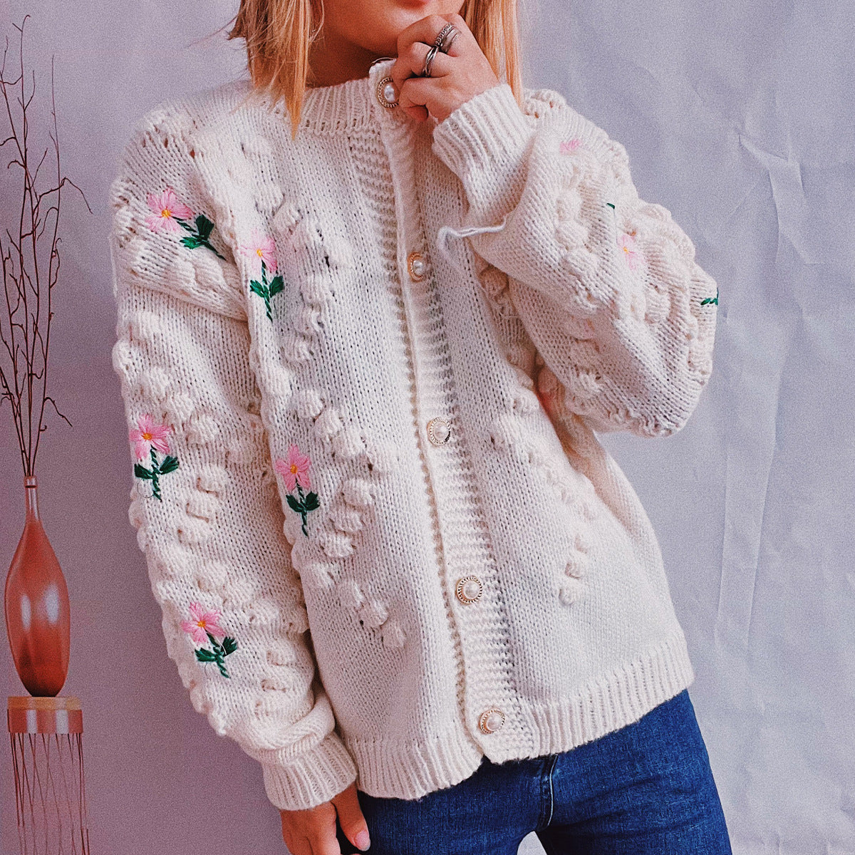 Damen Strickjacke Floralmuster Eveloria