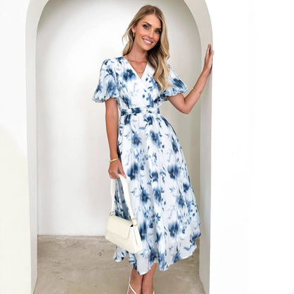 Damen Midi-Kleid Wickeldesign Blumenmuster
