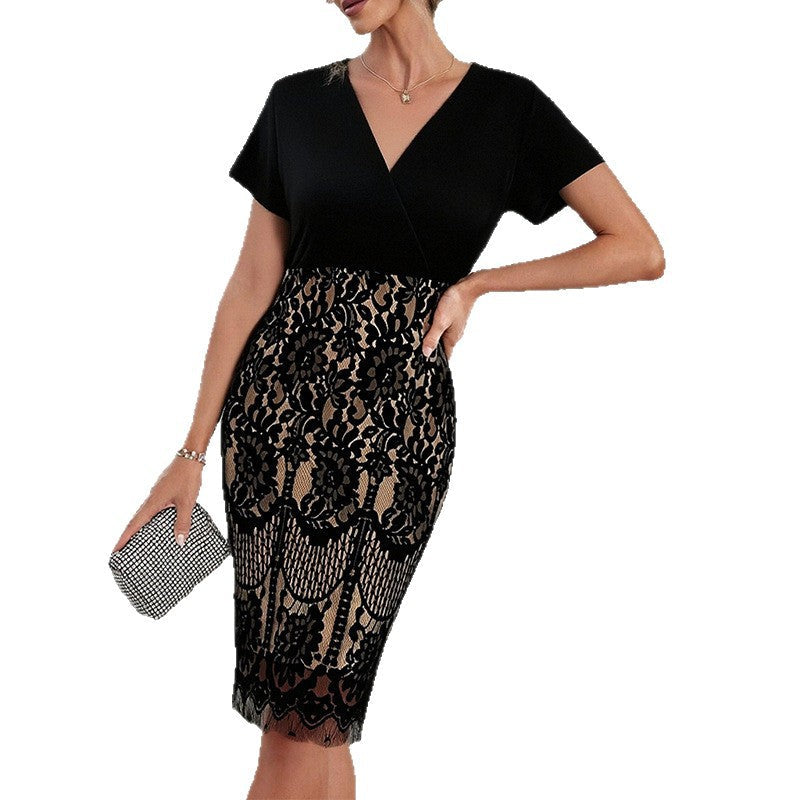 Damen Spitzenkleid V-Ausschnitt Kurzarm Eveloria