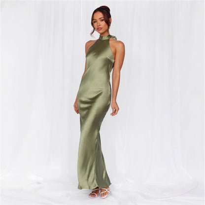 Damen Satin Maxikleid Hochkragen Körpernah Eveloria