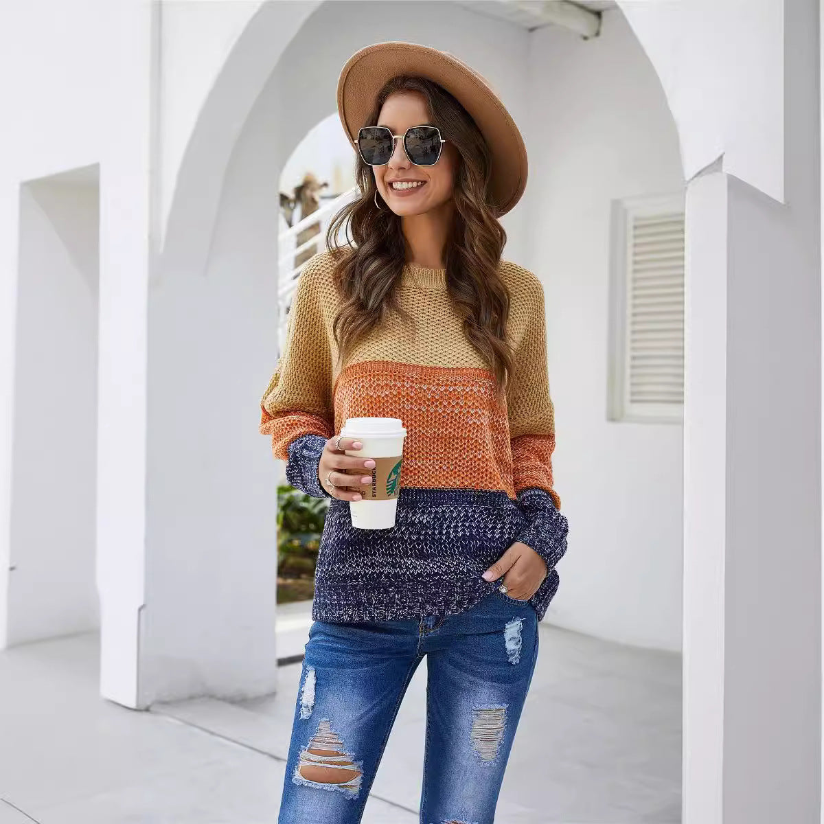 Damen Grobstrickpullover Blockdesign Lässig Eveloria