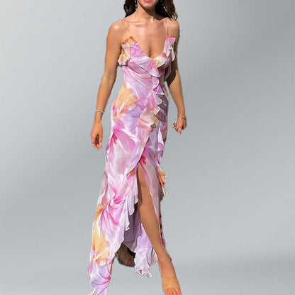 Damen Maxikleid Florale Rüschen Elegantem Schlitz
