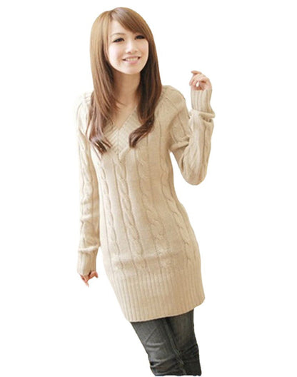 Damen Strickkleid Zopfmuster Lässiger Schnitt Beige