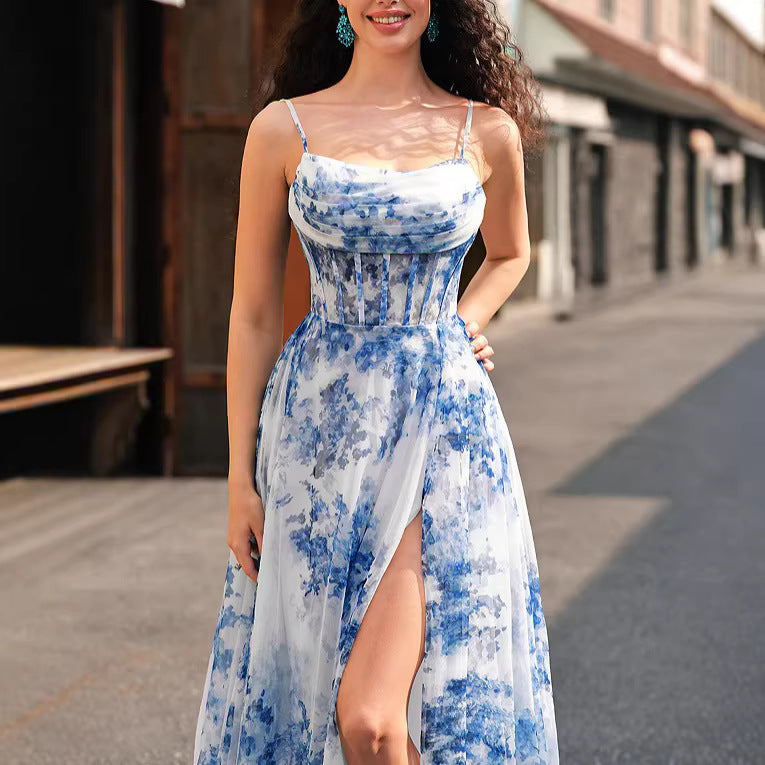 Damen Maxikleid Florales Muster Schwingender Rock