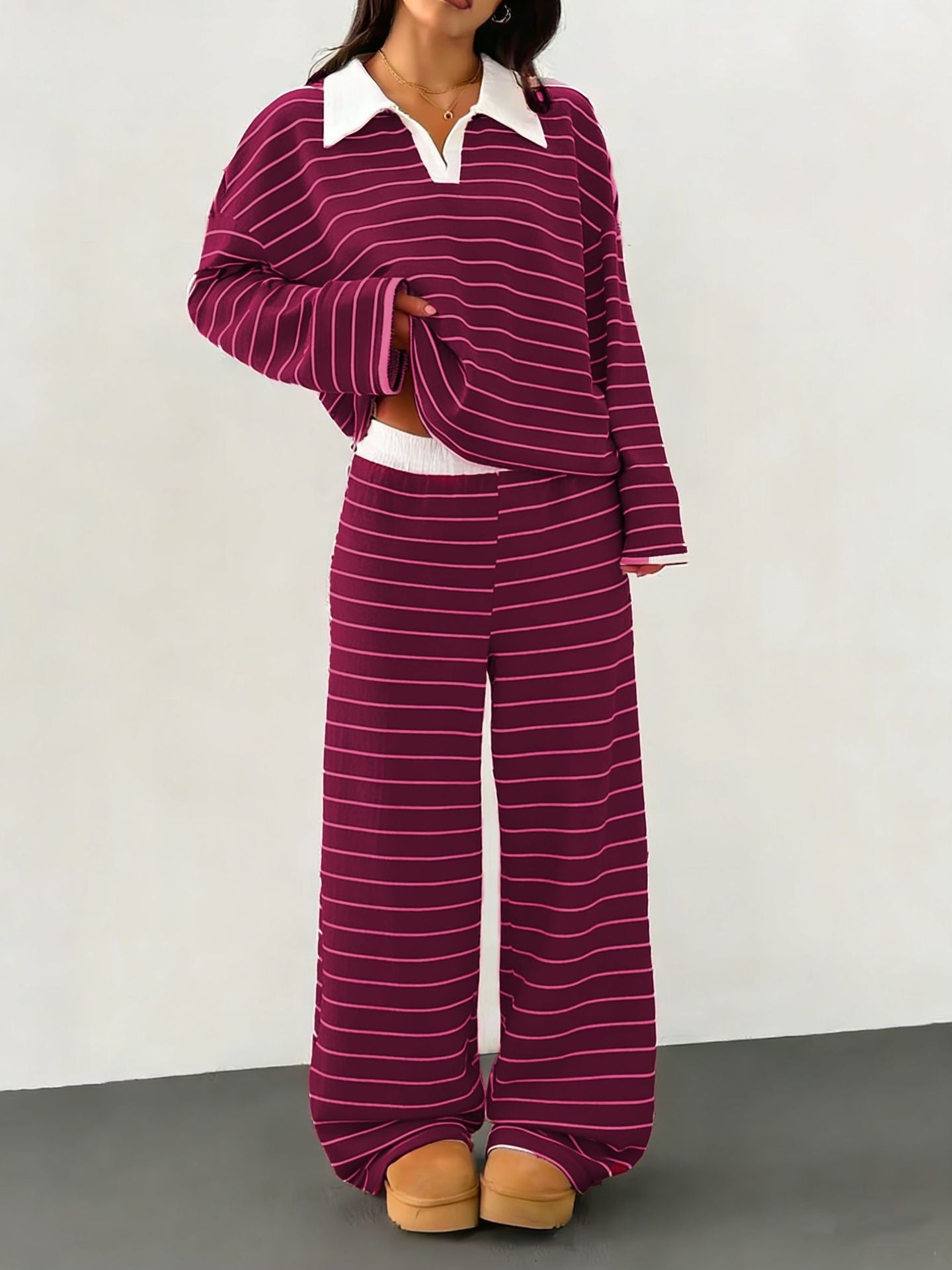 Damen Strick-Set mit breiten Streifen und Samtkragen