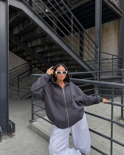 Damen Oversized Kapuzenjacke Reißverschluss Eveloria