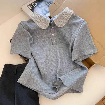 Damen Polo-Shirt Elegant Kragen Weiß