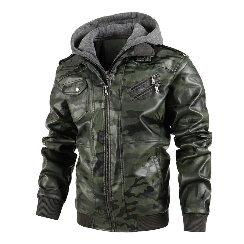 Herren Camouflage-Jacke Synthetikleder Kapuze Schwarz - Eveloria