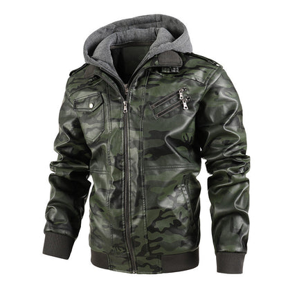 Herren Camouflage-Jacke Synthetikleder Kapuze Schwarz - Eveloria