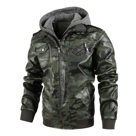 Herren Camouflage-Jacke Synthetikleder Kapuze Schwarz - Eveloria