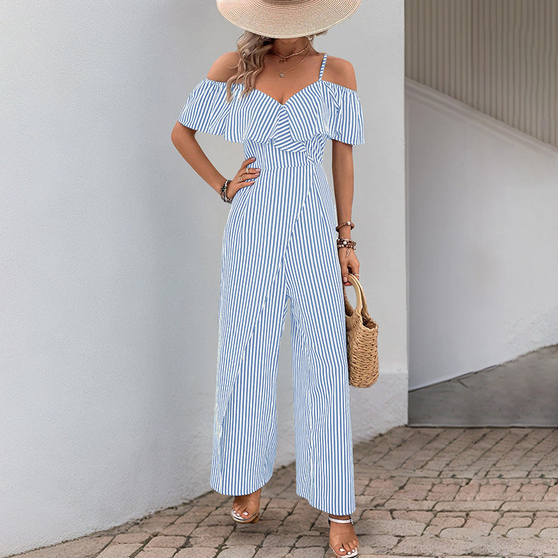 Damen Jumpsuit Schulterfrei Gestreift Eveloria