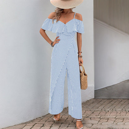 Damen Jumpsuit Schulterfrei Gestreift Eveloria