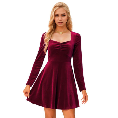 Damen Samt Minikleid Quadratischer Ausschnitt Langer Ärmel