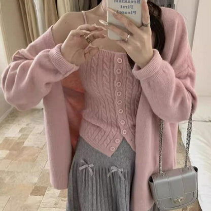 Damen Strickset Knopfleiste Lässig Grau Eveloria - Eveloria