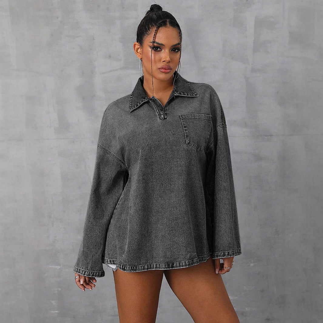 Damen Oversized Denimbluse Lässiger Kragen Blau
