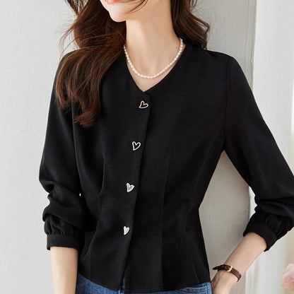 Damen Bluse Herzknöpfe Voluminöse Ärmel Eveloria