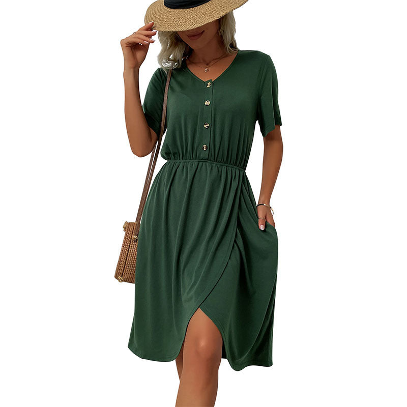 Damen Kleid Kurz Knöpfe Elastisch Eveloria