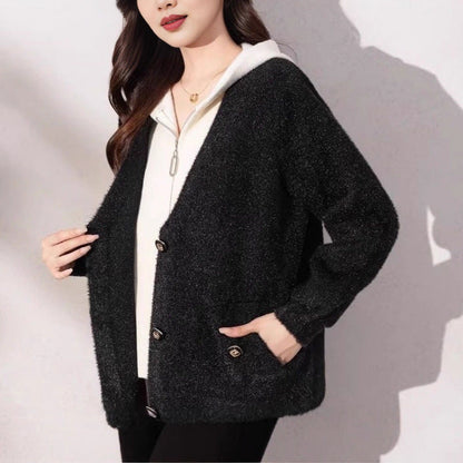 Damen Strickjacke Kuschelig mit Knöpfen Beige