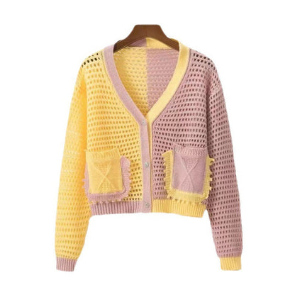 Damen Strickcardigan Luftig Netzstruktur Beige mit Taschen