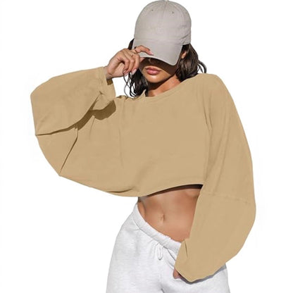 Damen Cropped Sweatshirt Voluminöse Ärmel Lässiger Schnitt Grau