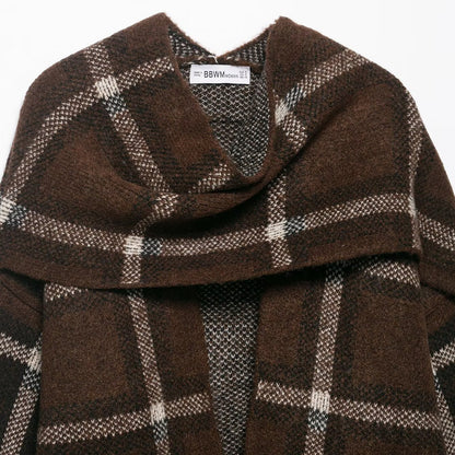 Damen Oversized Cardigan Karomuster Taschen Beige