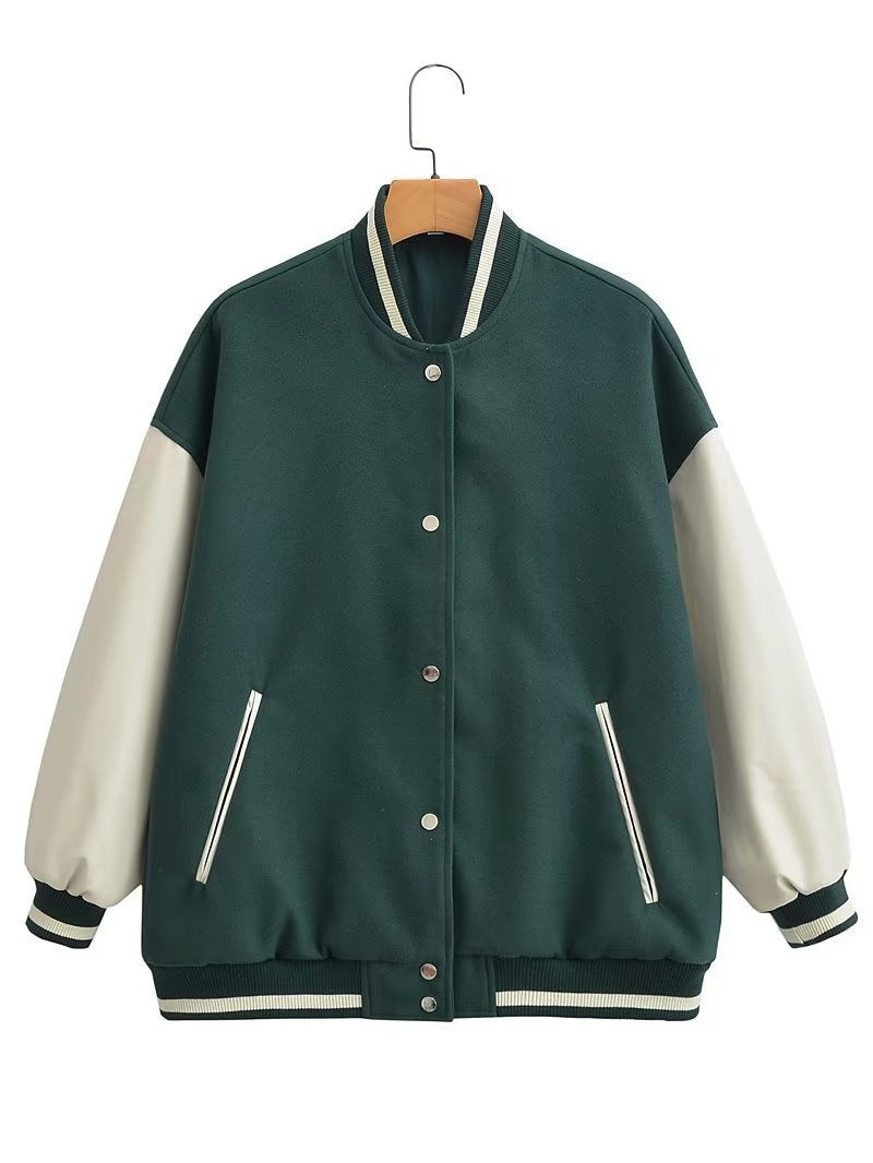 Damen Collegejacke Lässig Kontrastärmel Praktische Taschen