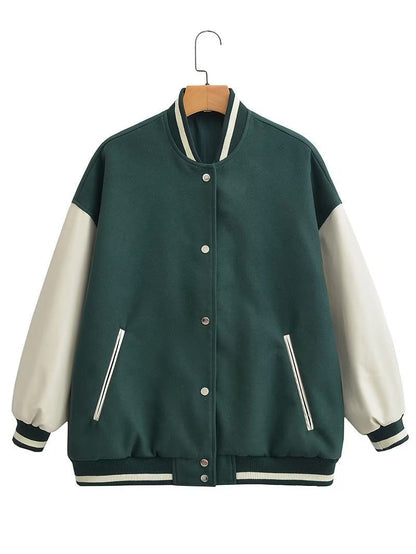Damen Collegejacke Lässig Kontrastärmel Praktische Taschen