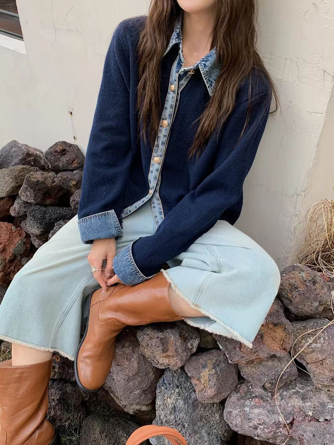 Damen Strickjacke mit Kragen und Knöpfen
