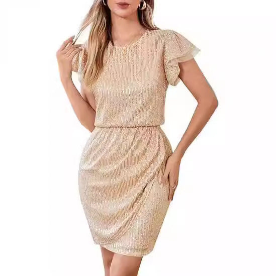 Damen Cocktailkleid Pailletten Voluminöse Rüschenärmel Eveloria - Eveloria