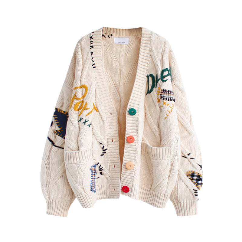Damen Strickjacke Bunt Applikationen Taschen Eveloria
