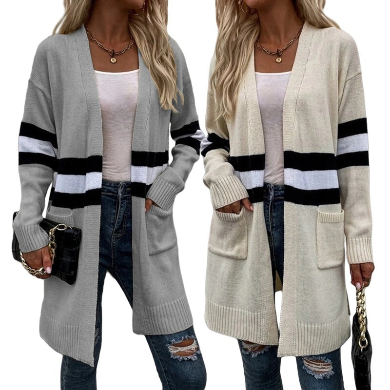 Damen Cardigan Grobstrick Lässige Streifen Taschen Beige - Eveloria
