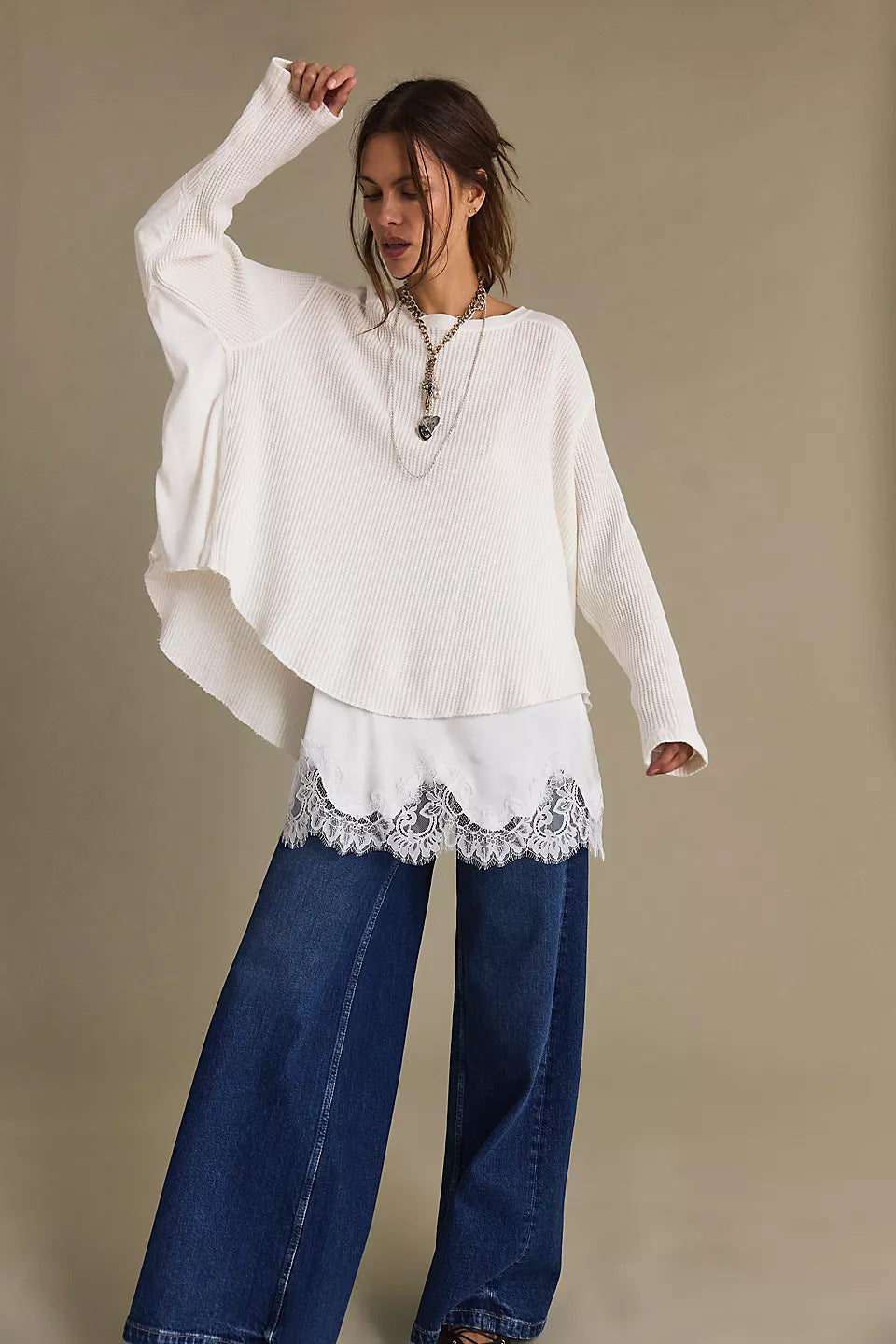 Damen Oversized Pullover Strukturiert Beige