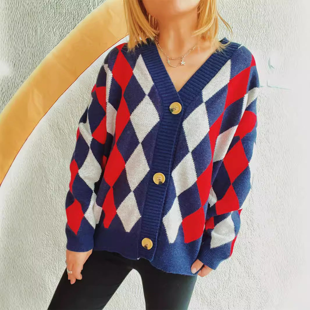 Damen Strickjacke Rautenmuster Große Knöpfe Eveloria