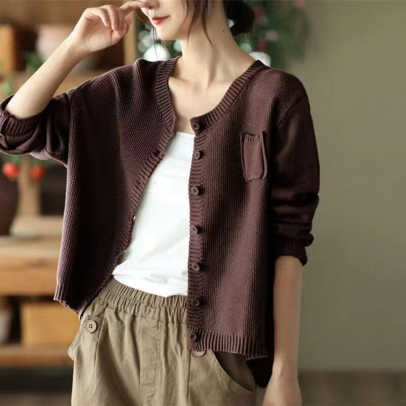 Damen Strickcardigan Leicht Knopfverschluss Taschen Beige