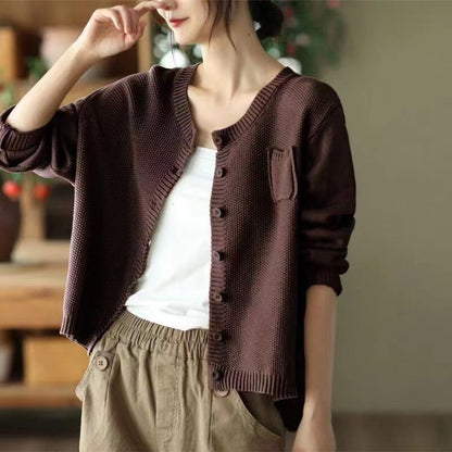 Damen Strickcardigan Leicht Knopfverschluss Taschen Beige
