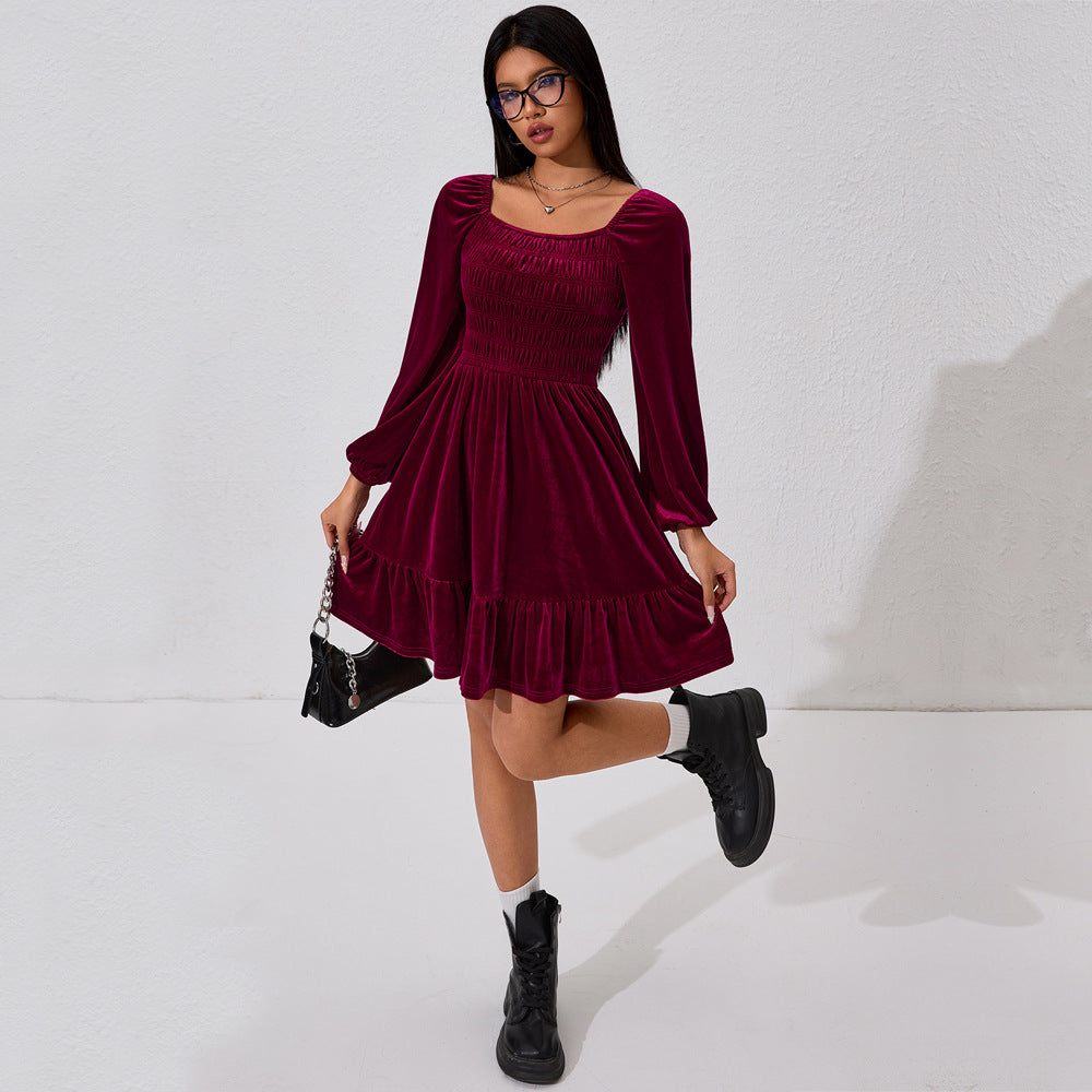 Damen Minikleid Samt Rüschendetails Elastischer Bund Eveloria