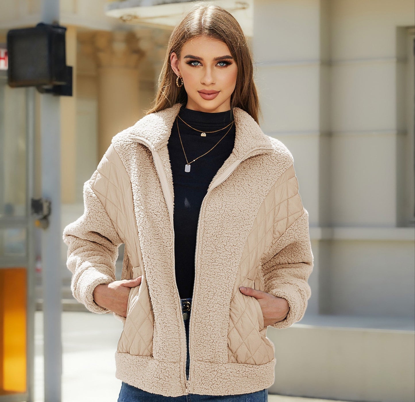Damen Fleecejacke Steppdetails Praktische Taschen Kuschelig Grau