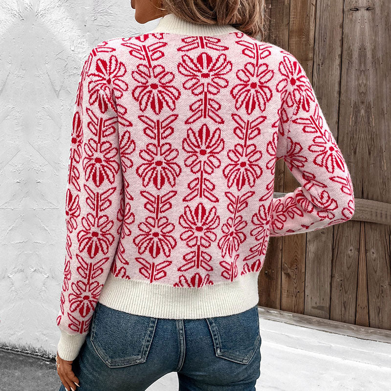 Damen Strickpullover Floralmuster Stehkragen