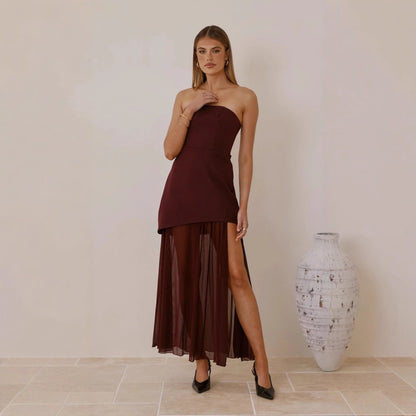 Damen Abendkleid Asymmetrischer Schnitt Schlitz Eveloria