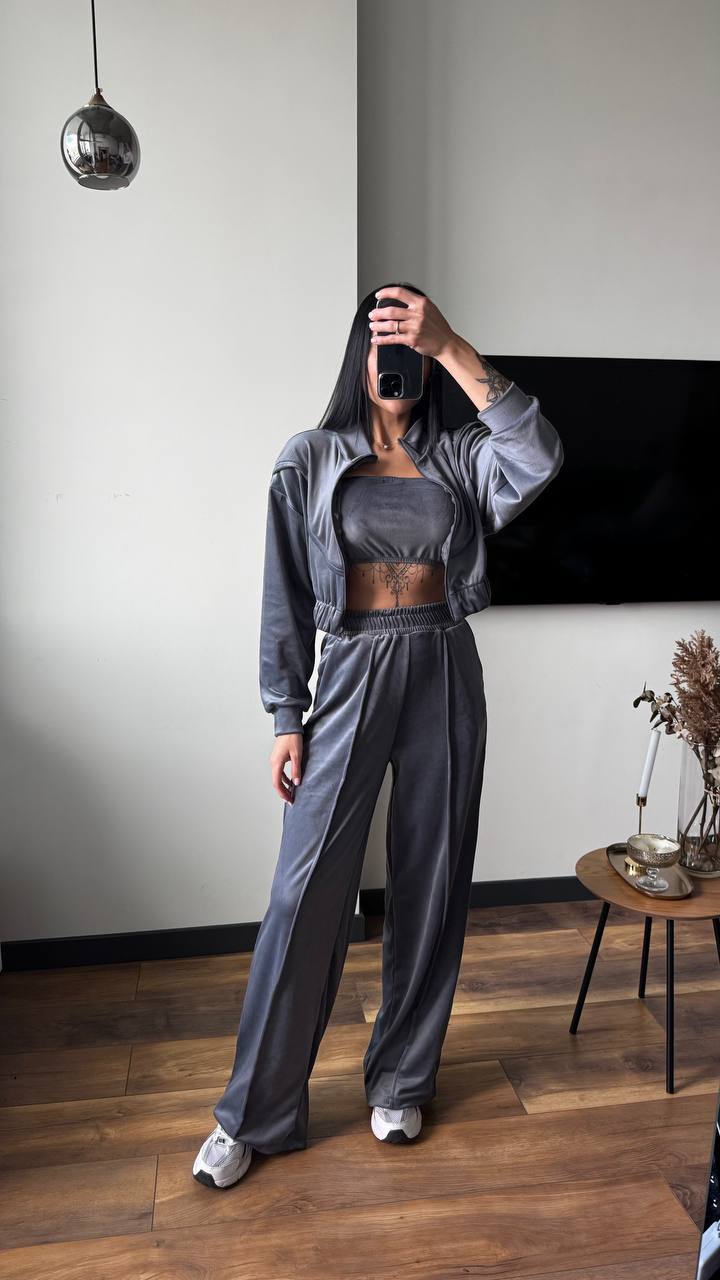 Damen Velours-Loungewear-Set Cropped Jacke Weite Hose Eveloria