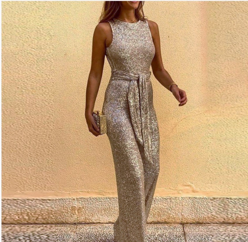 Damen Maxikleid Glänzende Pailletten Elegante Taillenbindung