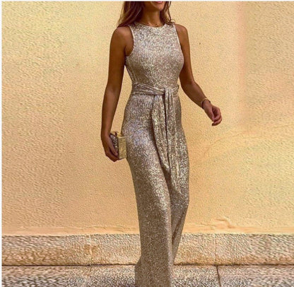 Damen Maxikleid Glänzende Pailletten Elegante Taillenbindung