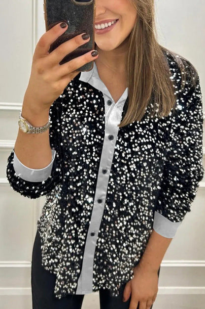 Damen Paillettenbluse Klassischer Kragen Langer Ärmel Glitzer Effekt