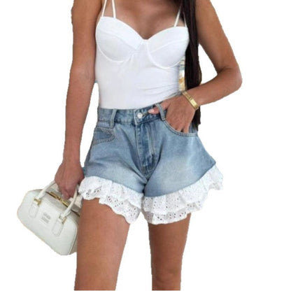 Damen Denim Shorts Spitze Voluminöser Saum