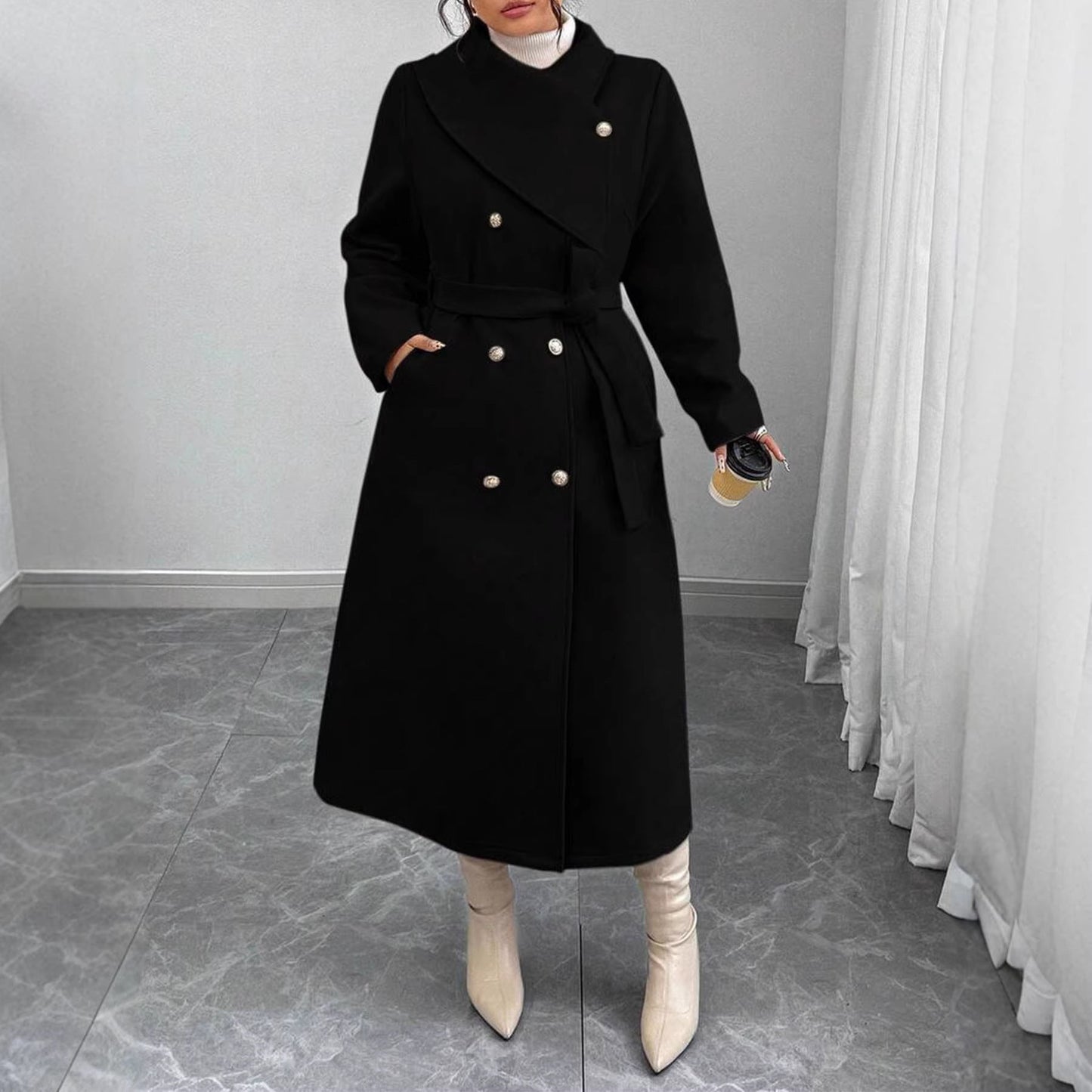 Damen Wollmantel Elegant Doppelter Knopfleiste Gürtel Eveloria