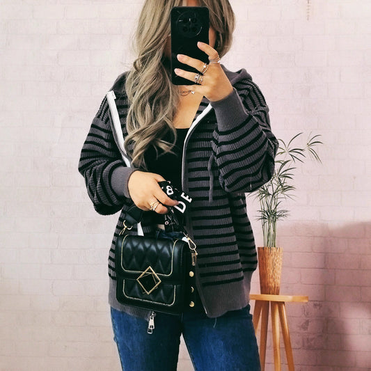 Damen Hoodie Lässig Gestreift Mit Taschen Schwarz Eveloria - Eveloria